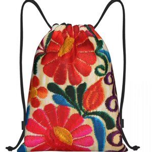 Mexican Flower Embroidery Appearance Drawstring Knapsack Bag-Lightweight